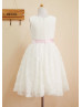 Ivory Satin Rosette Pink Sash Knee Length Flower Girl Dress